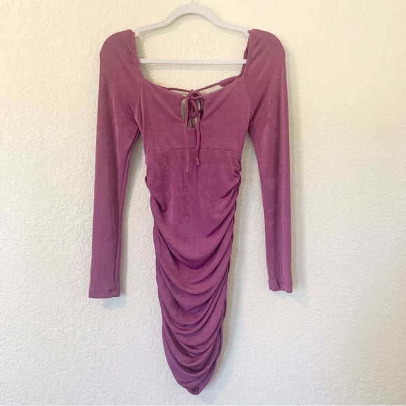 Princess Polly Dillon Ruched Cutout Long Sleeve Bodycon Mini Dress in Purple - Picture 3 of 5
